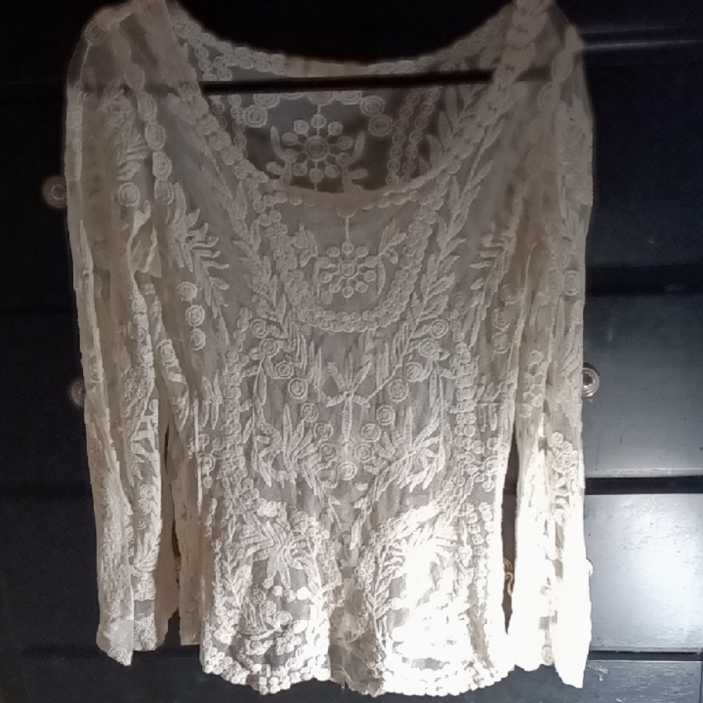 Anthropologie Cream Lace Embroidered Scoop-Neck Blouse